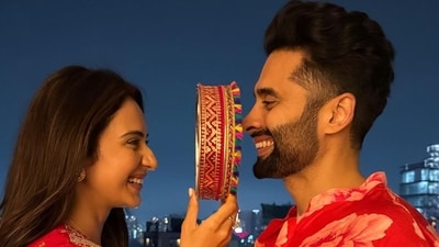 Actors Rakul Preet Singh and Jackky Bhagnani twinned in red ethnic looks for Karwa Chauth 2024. Sharing their sweet photos, Rakul Preet wrote, "My sun , moon , universe , my everything... happy Karwa Chauth from us to you." (Instagram/Rakul Preet Singh) Actors Rakul Preet Singh and Jackky Bhagnani twinned in red ethnic looks for Karwa Chauth 2024. Sharing their sweet photos, Rakul Preet wrote, "My sun , moon , universe , my everything... happy Karwa Chauth from us to you." (Instagram/Rakul Preet Singh)