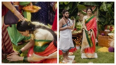 Sobhita Dhulipala seeks her elders' blessings during the ceremony. Sobhita Dhulipala seeks her elders' blessings during the ceremony.