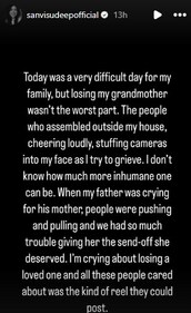Sanvi Sudeep's note on her grandmother's funeral. Sanvi Sudeep's note on her grandmother's funeral.