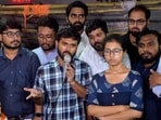 Junior doctors address a press conference and call off their hunger strike after meeting with West Bengal chief minister Mamata Banerjee in Kolkata on Monday. (ANI)