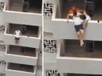 The image shows neighbours saving a man who tried jumping from a Noida high rise. 