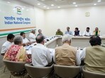 Congress President Mallikarjun Kharge with party leaders Sonia Gandhi, Rahul Gandhi and others during the party's CEC meeting regarding the upcoming Jharkhand Assembly elections, in New Delhi on Monday.
