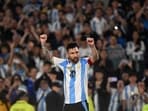 Lionel Messi celebrates after scoring during the 2026 FIFA World Cup South American qualifiers football match between Argentina and Bolivia.