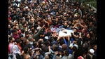 Kashmir, India - October. 21, 2024: People carry the body of Doctor Shanawaz Dar during his funeral proession at Nadigam village in Budgam, some 20 kilometers from Srinagar,21 October 2024. (Photo By Waseem Andrabi /Hindustan Times)--