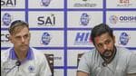 Indian hockey team captain Harmanpreet Singh (R) with coach Craig Fulton at a media conference ahead of the two-match series against Germany at the Major Dhyan Chand National Stadium in New Delhi on Tuesday (PTI)