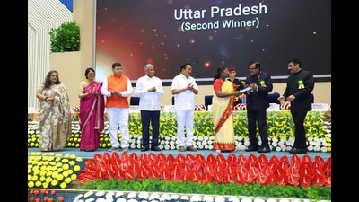 Anurag Srivastava, additional chief secretary of the Namami Gange and rural water supply department, and Balakar Singh, housing commissioner, received the award from President Droupadi Murmu in New Delhi on Tuesday. (HT ) Anurag Srivastava, additional chief secretary of the Namami Gange and rural water supply department, and Balakar Singh, housing commissioner, received the award from President Droupadi Murmu in New Delhi on Tuesday. (HT )