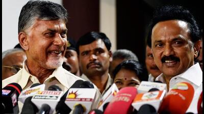 Chennai: Andhra Pradesh Chief Minister N. Chandrababu Naidu addresses the media with DMK President MK Stalin at latter's residence in Chennai, Friday,Nov09.2018. (PTI Photo) (PTI) Chennai: Andhra Pradesh Chief Minister N. Chandrababu Naidu addresses the media with DMK President MK Stalin at latter's residence in Chennai, Friday,Nov09.2018. (PTI Photo) (PTI)