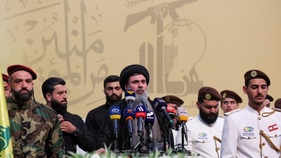 FILE PHOTO: Senior Hezbollah official Hashem Safieddine speaks during the funeral of Mohammed Nasser, a senior Hezbollah commander who was killed by what security sources say was an Israel strike on Wednesday, in Beirut's southern suburbs, Lebanon July 4, 2024. REUTERS/Aziz Taher/File Photo