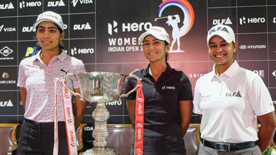 India’s (from left) Diksha Dagar, Tvesa Malik and Hitaashee Bakshi pose with the trophy ahead of the Hero Women's Indian Open golf tournament starting on Thursday. (PTI) India’s (from left) Diksha Dagar, Tvesa Malik and Hitaashee Bakshi pose with the trophy ahead of the Hero Women's Indian Open golf tournament starting on Thursday. (PTI)