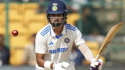 India's KL Rahul bats during the fourth day of the first Test against New Zealand in Bengaluru on Saturday. (PTI) India's KL Rahul bats during the fourth day of the first Test against New Zealand in Bengaluru on Saturday. (PTI)