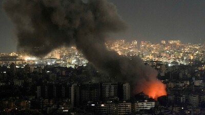 Flames and smoke rise form an Israeli airstrike on Dahiyeh, in the southern suburb of Beirut, Lebanon, Monday. (AP) Flames and smoke rise form an Israeli airstrike on Dahiyeh, in the southern suburb of Beirut, Lebanon, Monday. (AP)