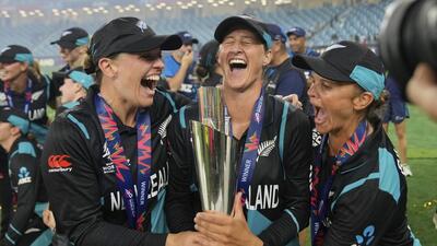 New Zealand's captain Sophie Devine (centre) poses with teammates after winning the ICC Women's T20 World Cup final against South Africa. (AP) New Zealand's captain Sophie Devine (centre) poses with teammates after winning the ICC Women's T20 World Cup final against South Africa. (AP)