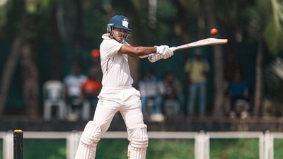 Mumbai's Shreyas Iyer plays a shot on the second day of a Ranji Trophy 2024-25 cricket match between Maharashtra and Mumbai, at MCA Cricket Ground, in Mumbai, Saturday, Oct. 19 (PTI) Mumbai's Shreyas Iyer plays a shot on the second day of a Ranji Trophy 2024-25 cricket match between Maharashtra and Mumbai, at MCA Cricket Ground, in Mumbai, Saturday, Oct. 19 (PTI)