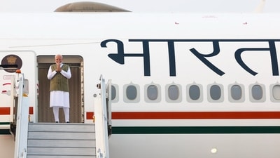 Prime Minister Narendra Modi emplanes for Kazan, Russia for a 2-day visit to attend the 16th BRICS Summit on Tuesday. (PTI) Prime Minister Narendra Modi emplanes for Kazan, Russia for a 2-day visit to attend the 16th BRICS Summit on Tuesday. (PTI)