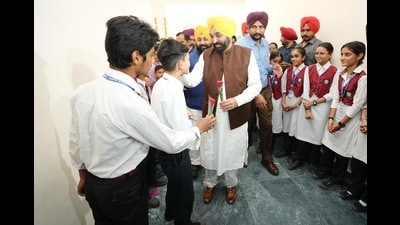 Punjab chief minister (CM) Bhagwant Mann interacting with students in Nangal on Tuesday. Punjab chief minister (CM) Bhagwant Mann interacting with students in Nangal on Tuesday.