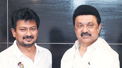 Tamil Nadu chief minister MK Stalin with his son Udhayanidhi Stalin as he congratulates him on being appointed as state deputy chief minister in Chennai. (CMOTamilNadu-X) Tamil Nadu chief minister MK Stalin with his son Udhayanidhi Stalin as he congratulates him on being appointed as state deputy chief minister in Chennai. (CMOTamilNadu-X)