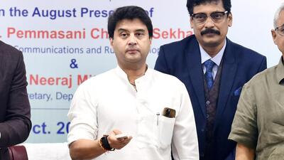 Union minister for communications Jyotiraditya Scindia at the BSNL Bhawan in Delhi on Tuesday. (ANI) Union minister for communications Jyotiraditya Scindia at the BSNL Bhawan in Delhi on Tuesday. (ANI)