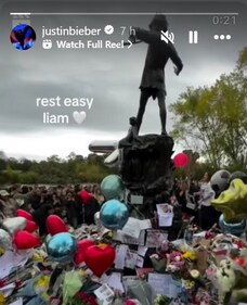 Justin Bieber shared a clip of fans placing flowers and lighting candles for Liam Payne along with 'Rest easy' on his Instagram story. (@justinbieber/Instagram)