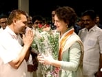 Congress General Secretary Priyanka Gandhi Vadra receives a warm welcome from party leaders and workers on her arrival at Saptha Resort, Sultan Bathery, in Wayanad on Tuesday. 