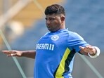 India's Sarfaraz Khan attends a practice session.