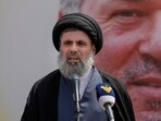 Senior Hezbollah leader Hashem Safieddine speaks during a funeral procession in the southern suburbs of Beirut, Wednesday, June 12, 2024. (AP Photo/Bilal Hussein)