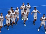 New Delhi, India - Oct. 22, 2024: Indian Hockey Men's team during a warm up session at Dhyanchand Stadium ahead of 1st game of the PFC India vs Germany Bilateral Hockey Series 2024 in New Delhi, India, on Tuesday, October 22, 2024.  (Photo by Vipin Kumar/ Hindustan Times)