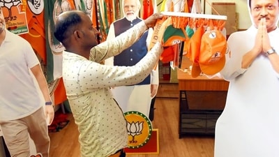 A shopkeeper prepares election campaign material for political parties in Nagpur on Tuesday. (ANI Photo) A shopkeeper prepares election campaign material for political parties in Nagpur on Tuesday. (ANI Photo)