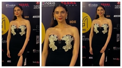 Aditi Rao Hydari exuded Audrey Hepburn-style elegance in the beautiful black gown with thigh-high slit. The classy strapless gown had white floral embellishment on the bust. She paired pearl earrings with her gown. 