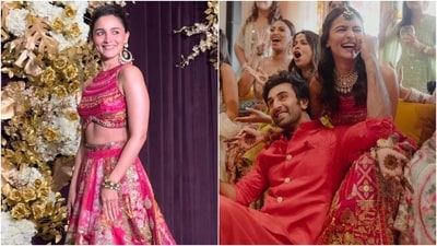 Alia Bhatt repeats her mehndi lehenga for Manish Malhotra's Diwali party. Alia Bhatt repeats her mehndi lehenga for Manish Malhotra's Diwali party.