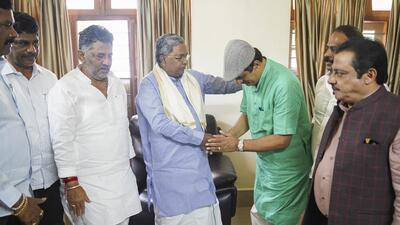 Chief minister Siddaramaiah and deputy chief minister DK Shivakumar with former BJP MLC CP Yogeshwar in Bengaluru on Wednesday. (PTI) Chief minister Siddaramaiah and deputy chief minister DK Shivakumar with former BJP MLC CP Yogeshwar in Bengaluru on Wednesday. (PTI)