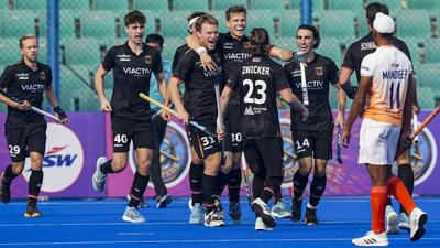 Germany's Henrik Mertgens celebrates after scoring against India during the first match of the two-Test series, at Major Dhyan Chand National Stadium, in New Delhi on Wednesday. (PTI)