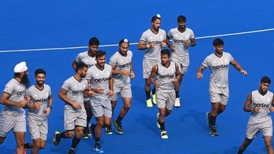 New Delhi, India - Oct. 22, 2024: Indian Hockey Men's team during a warm up session at Dhyanchand Stadium ahead of 1st game of the PFC India vs Germany Bilateral Hockey Series 2024 in New Delhi, India, on Tuesday, October 22, 2024. (Photo by Vipin Kumar/ Hindustan Times) (Hindustan Times) New Delhi, India - Oct. 22, 2024: Indian Hockey Men's team during a warm up session at Dhyanchand Stadium ahead of 1st game of the PFC India vs Germany Bilateral Hockey Series 2024 in New Delhi, India, on Tuesday, October 22, 2024. (Photo by Vipin Kumar/ Hindustan Times) (Hindustan Times)