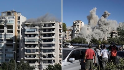 Smoke rises from a building that was hit by an Israeli airstrike in Ghobeiri, Beirut, Lebanon. (AP/Bilal Hussein)