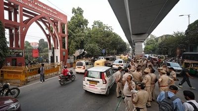 New Delhi, India - Oct. 23, 2024: Heavy Police force deployed outside the Jamia Millia Islamia after the call of protest by ABVP in New Delhi, India, on Wednesday, October 23, 2024. (Photo by Sanchit Khanna / Hindustan Times) New Delhi, India - Oct. 23, 2024: Heavy Police force deployed outside the Jamia Millia Islamia after the call of protest by ABVP in New Delhi, India, on Wednesday, October 23, 2024. (Photo by Sanchit Khanna / Hindustan Times)