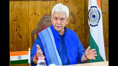Jammu & Kashmir Lt governor Manoj Sinha during a meeting with senior officials of J&K Police and administration to review the security situation in Kashmir division of the union territory. (PTI) Jammu & Kashmir Lt governor Manoj Sinha during a meeting with senior officials of J&K Police and administration to review the security situation in Kashmir division of the union territory. (PTI)