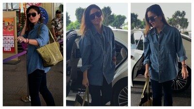 Kareena Kapoor for her airport look opted for an oversized denim shirt. She paired it with dark denim jeans, reminding us that denim-on-denim looks are always timeless and classic. The actor carried a green tote bag, completing the look.&nbsp; 