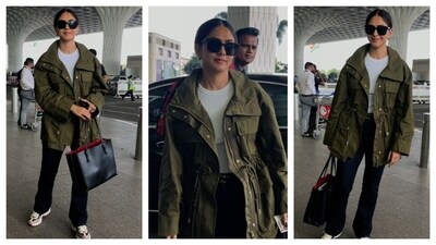 Mrunal Thakur rocked a chic sporty ensemble. She wore a white top with a rounded neckline and layered with an olive-green jacket. With straight-fitting jeans and chunky sneakers, her style was effortlessly relaxed, perfect for everyday look.&nbsp; 