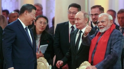 Prime Minister Narendra Modi with Russian President Vladimir Putin and Chinese President Xi Jinping at the dinner hosted for BRICS leaders, in Kazan on Tuesday. (ANI) Prime Minister Narendra Modi with Russian President Vladimir Putin and Chinese President Xi Jinping at the dinner hosted for BRICS leaders, in Kazan on Tuesday. (ANI)