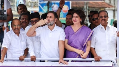 Congress leader and Leader of Opposition in Lok Sabha Rahul Gandhi with party leader and candidate from Wayanad constituency Priyanka Gandhi Vadra during a roadshow in Wayanad, Kerala, Wednesday, Oct. 23, 2024. (PTI) Congress leader and Leader of Opposition in Lok Sabha Rahul Gandhi with party leader and candidate from Wayanad constituency Priyanka Gandhi Vadra during a roadshow in Wayanad, Kerala, Wednesday, Oct. 23, 2024. (PTI)