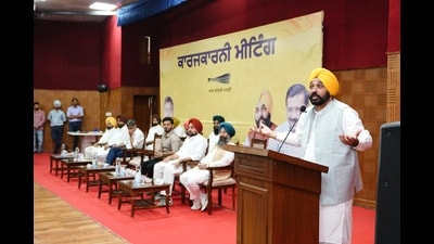 Punjab CM Bhagwant Mann addressing office bearers and constituency in-charges as part of discussion on the strategy for election campaign. Punjab CM Bhagwant Mann addressing office bearers and constituency in-charges as part of discussion on the strategy for election campaign.