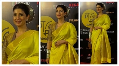 Twinkle Khanna exuded a regal energy in a silk saree. The accessories amped up her style game, with silver bangles and headpiece. She carried a small brown bag to complete the look.&nbsp; 