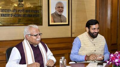 Union minister Manohar Lal Khattar and CM Nayab Singh Saini meets, in New Delhi, on Tuesday. (PTI) Union minister Manohar Lal Khattar and CM Nayab Singh Saini meets, in New Delhi, on Tuesday. (PTI)