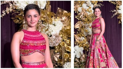 Alia Bhatt turned up for the party in a patchwork pink lehenga. It was the same outfit that she wore for her mehendi function last year. Alia Bhatt turned up for the party in a patchwork pink lehenga. It was the same outfit that she wore for her mehendi function last year.