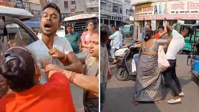 The video of the two women beating up the e-rickshaw driver was recorded in the Aminabad area of Lucknow. (X/@himansulive) The video of the two women beating up the e-rickshaw driver was recorded in the Aminabad area of Lucknow. (X/@himansulive)