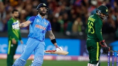 Virat Kohli celebrates after India beat Pakistan in a thrilling group match of 2022 T20 World Cup. (ICC) Virat Kohli celebrates after India beat Pakistan in a thrilling group match of 2022 T20 World Cup. (ICC)