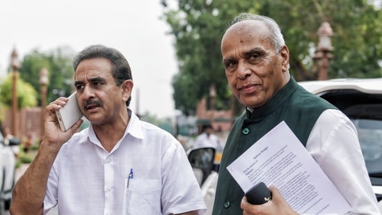 Union Minister of State for External Affairs Kirti Vardhan Singh and Bharatiya Janata Party (BJP) MP Jagdambika Pal at the Parliament House in Delhi. (ANI)