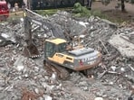 Rescue and restoration work underway at the site where an under-construction building collapsed in the Horamavu Agara area in Bengaluru on Thursday.