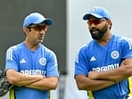 India's head coach Gautam Gambhir (L) and captain Rohit Sharma attend a practice session