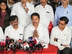 Mumbai: (Bottom, L-R) NCP (SP) Maharashtra President Jayant Patil, Shiv Sena (UBT) MP Sanjay Raut, Maharashtra Congress President Nana Patole with Congress leaders Balasaheb Thorat and Vijay Wadettiwar and others during a joint press conference of Maha Vikas Aghadi ahead of the state Assembly elections, in Mumbai, Wednesday, Oct. 23, 2024. (PTI Photo/Shashank Parade) Mumbai: (Bottom, L-R) NCP (SP) Maharashtra President Jayant Patil, Shiv Sena (UBT) MP Sanjay Raut, Maharashtra Congress President Nana Patole with Congress leaders Balasaheb Thorat and Vijay Wadettiwar and others during a joint press conference of Maha Vikas Aghadi ahead of the state Assembly elections, in Mumbai, Wednesday, Oct. 23, 2024. (PTI Photo/Shashank Parade)
