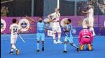 Sukhjeet Singh celebrates after India scored a goal against Germany during the second men's hockey Test at the Major Dhyan Chand National Stadium, in New Delhi, Thursday. (PTI)